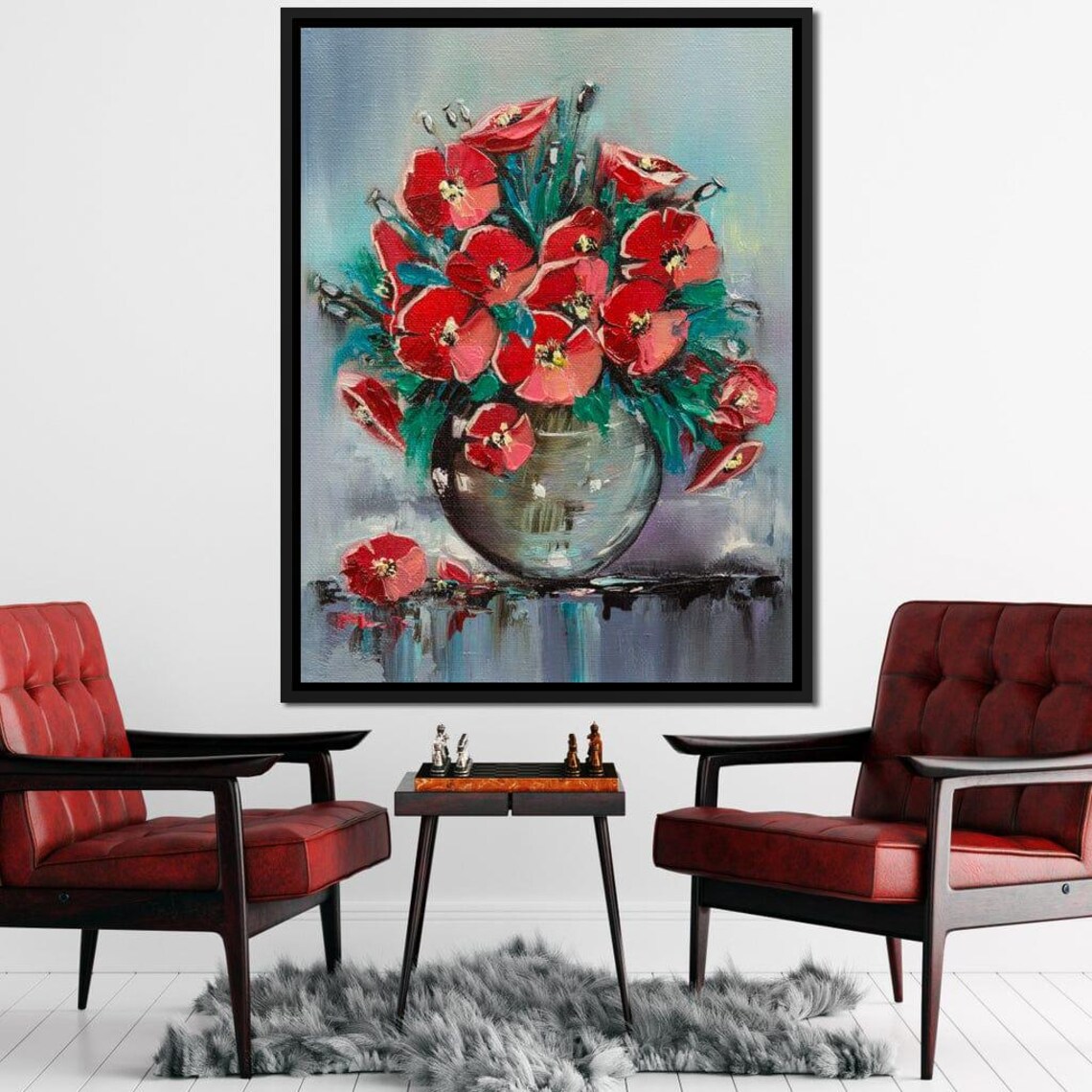 Red Poppy Bouquet Glass Vase Oil Painting Bold Floral Art Poster - Image 2