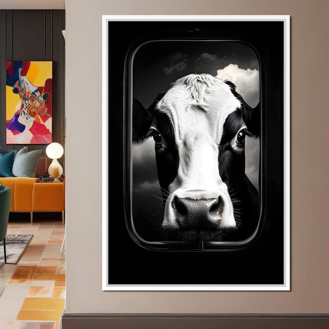Black White Cow Face Window Monochrome Framed Rustic Wall Art - Image 4