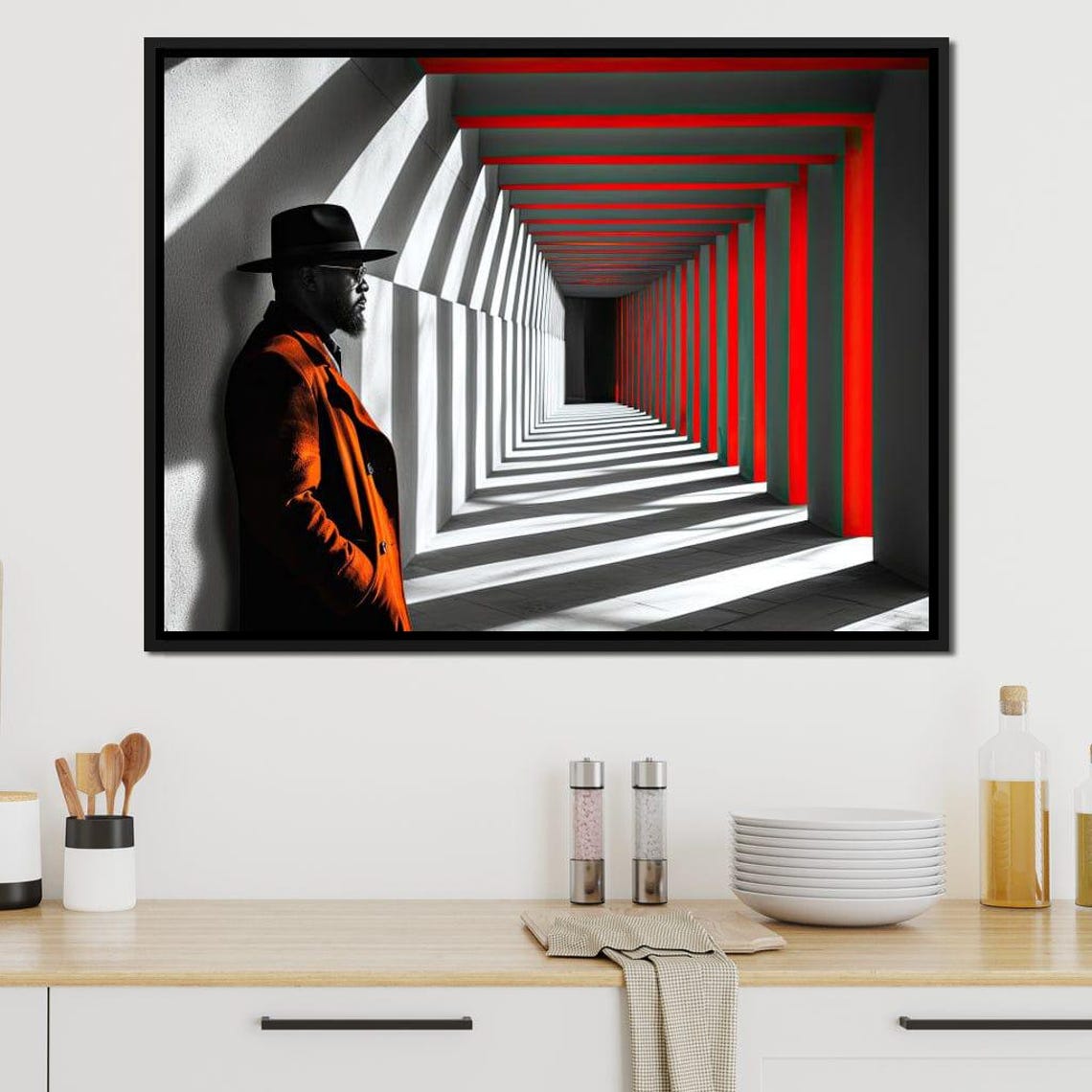 Red Shadows Gentleman Fedora Coat Geometric Corridor Art Poster - Image 3