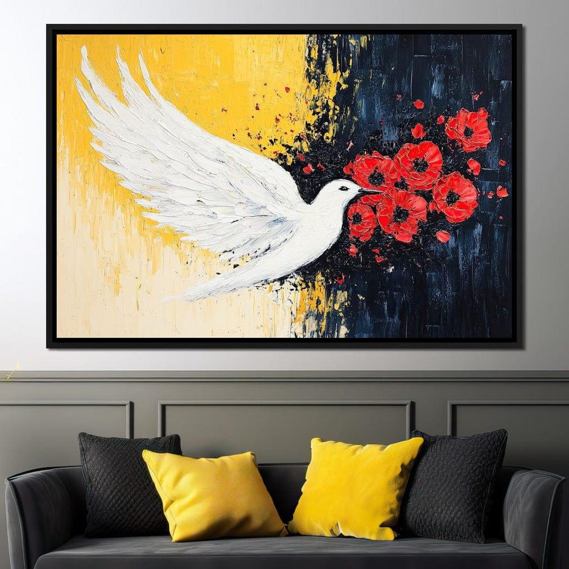 White Dove Red Poppies Yellow Black Bold Flight Impasto Bird Poster - Image 2