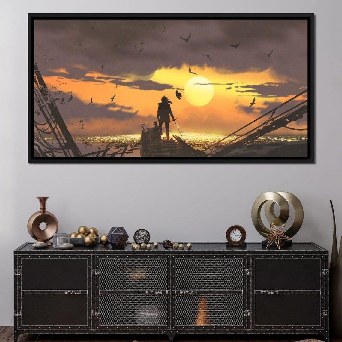 Warrior Silhouette Sword Shipwreck Sunset Dark Fantasy Seascape Poster