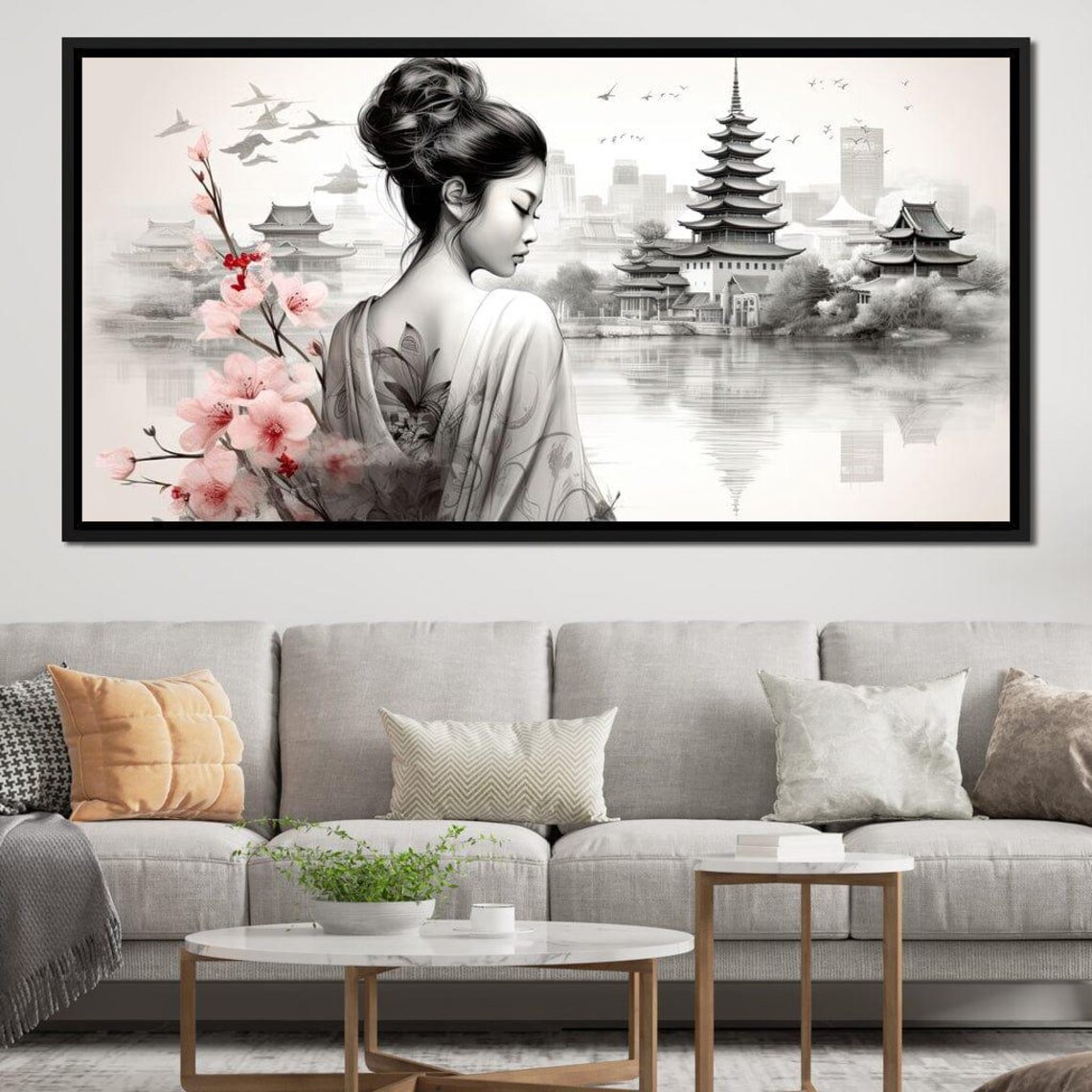 Serene Geisha With Cherry Blossoms Pagoda Lake Japanese Art Poster - Image 3