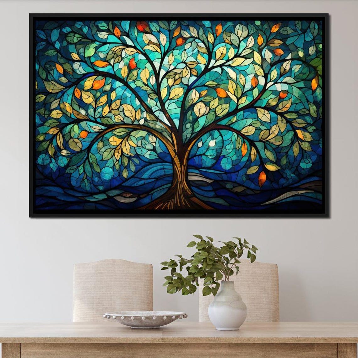 Stained Glass Tree of Life Teal Blue Orange Five Panel Wall Art Print - Image 3