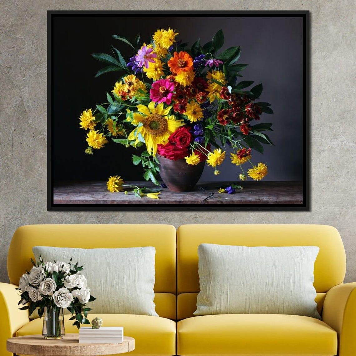Sunflower Zinnia Bouquet Dark Vase Rustic Floral Photography Poster - Image 2