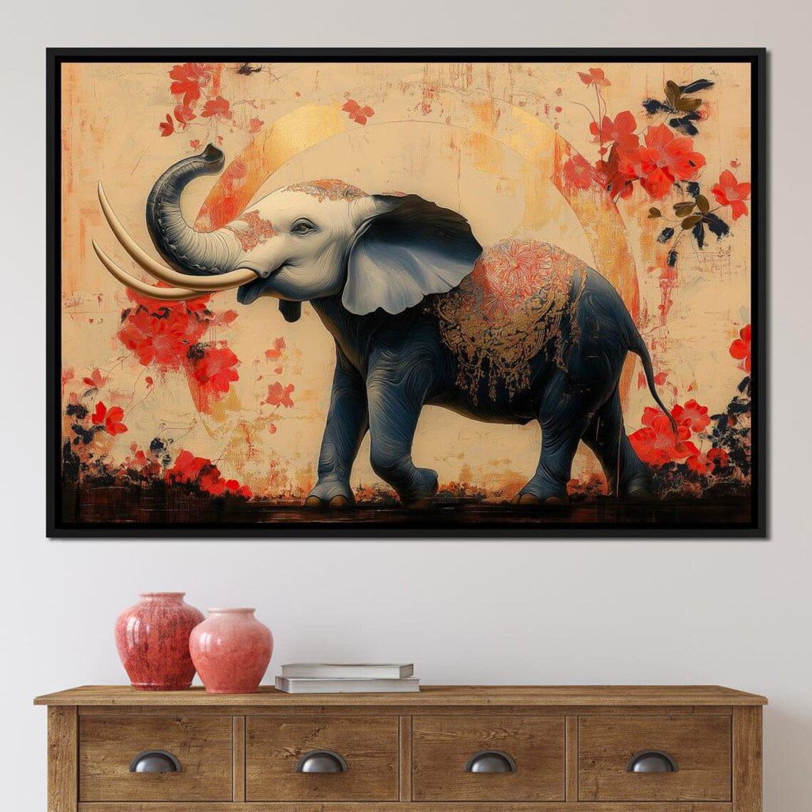 Majestic Elephant Gold Decorated Blue Elephant Red Blossom Wildlife Poster - Image 4