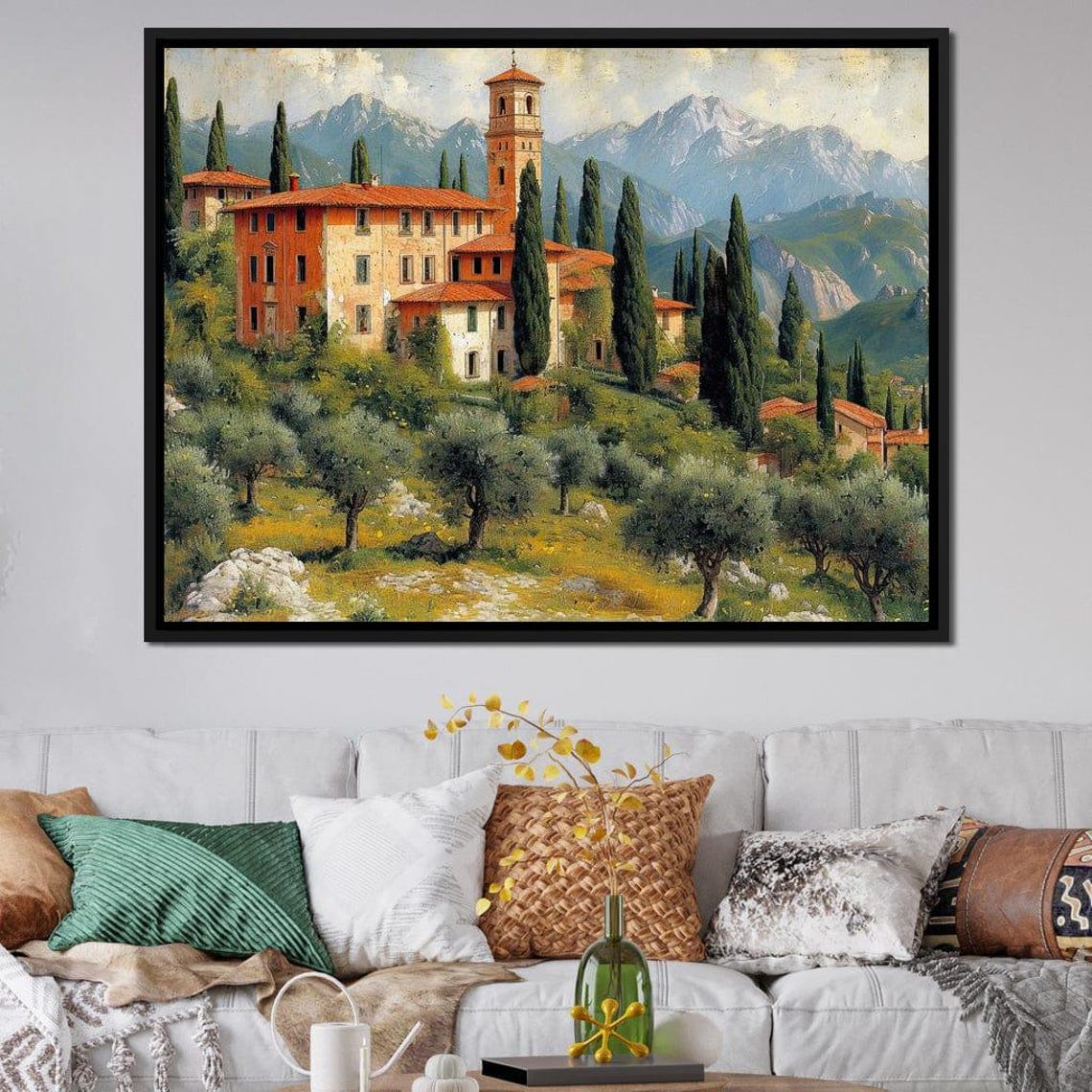 Tuscan Villa Hillside Terracotta Roofs Bell Tower Cypress Italy Poster