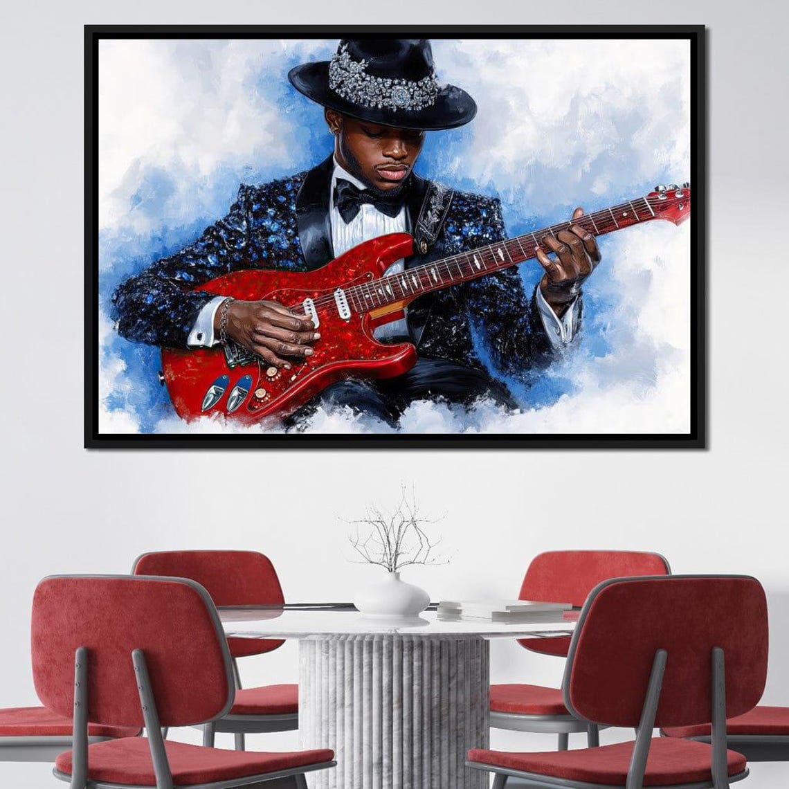 Guitarist In Tuxedo Playing Red Electric Guitar Multi Panel Poster - Image 2