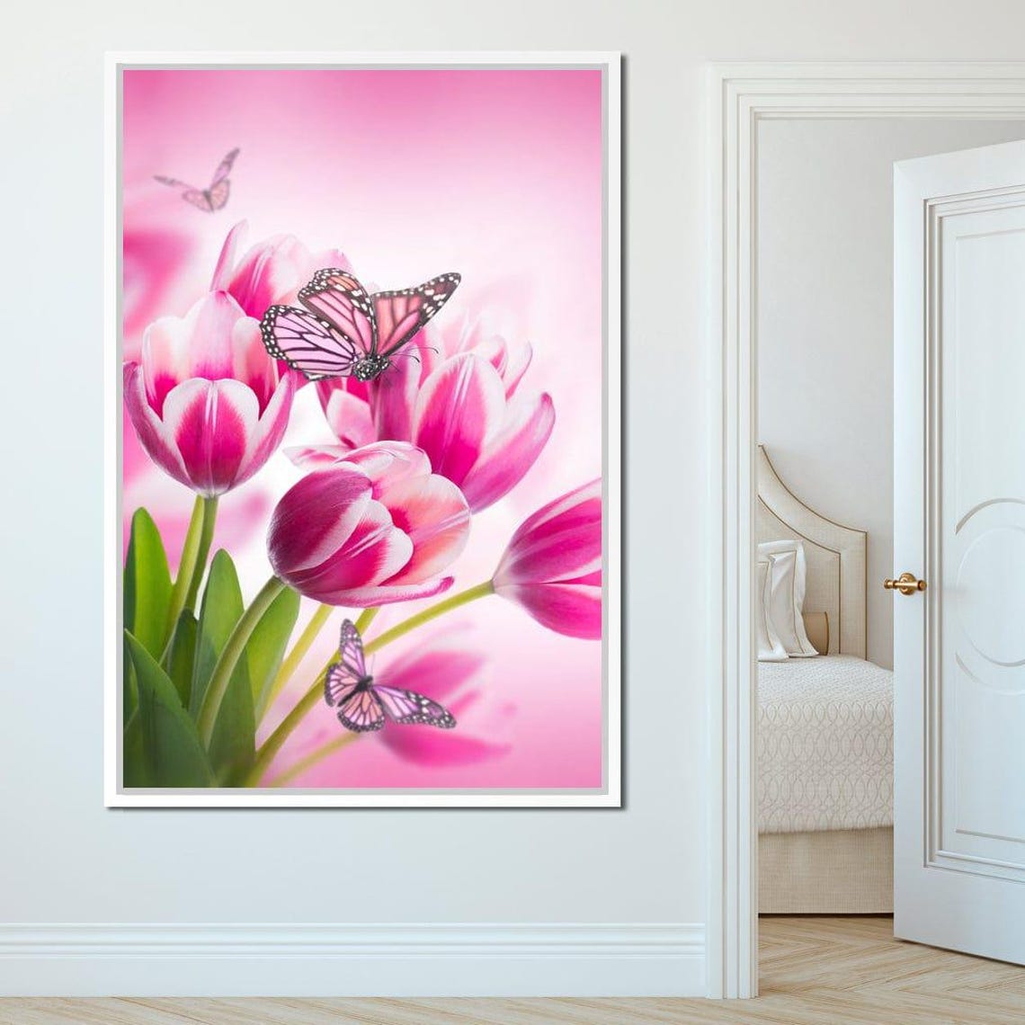 Pink Tulips And Butterflies Spring Floral Botanical Wall Art Poster