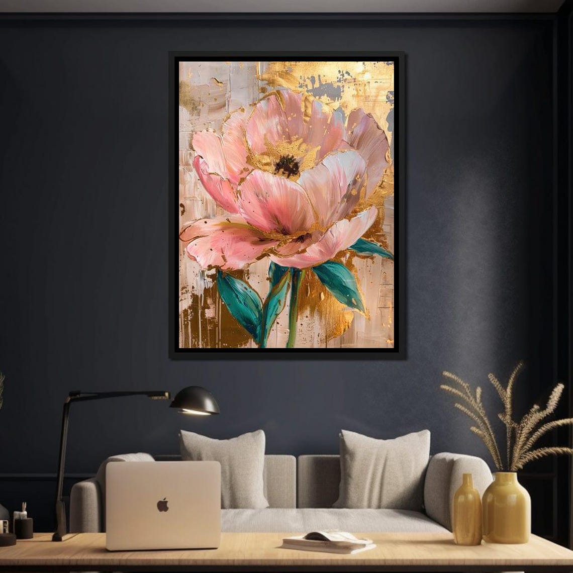 Blush Pink Flower Gold Leaf Abstract Modern Botanical Wall Art Poster - Image 2