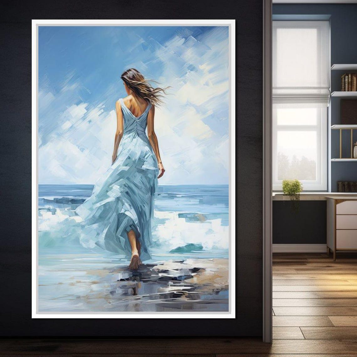 Woman Blue Dress Walking Beach Ocean Waves Serene Wall Art Print - Image 2