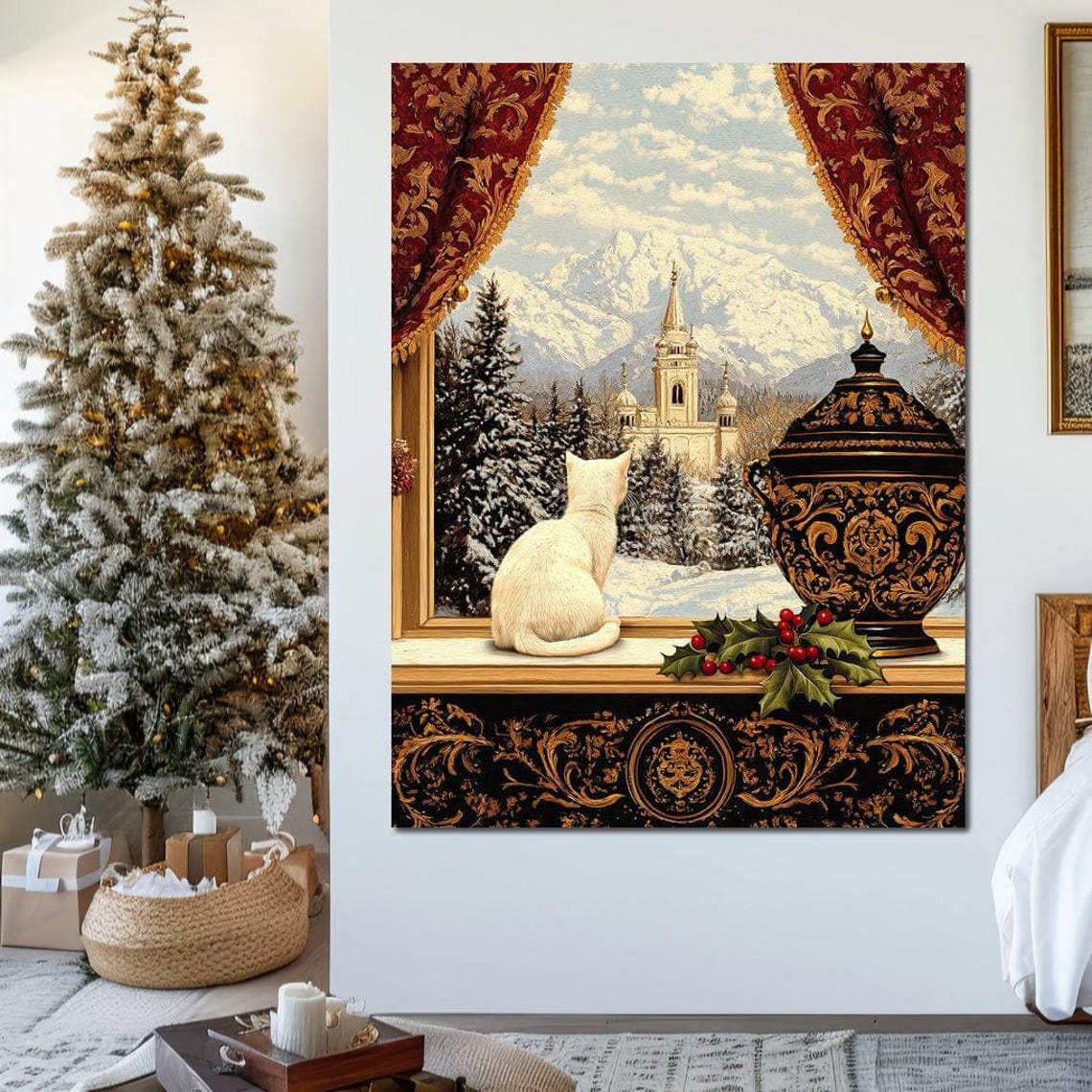 White Cat On Ornate Windowsill Overlooking Snowy Cathedral Poster - Image 4