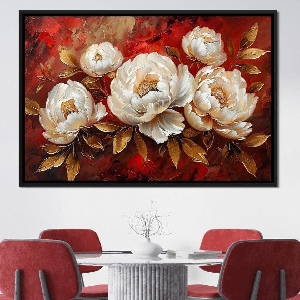 White Peonies Golden Leaves Rich Red Botanical Wall Art Poster