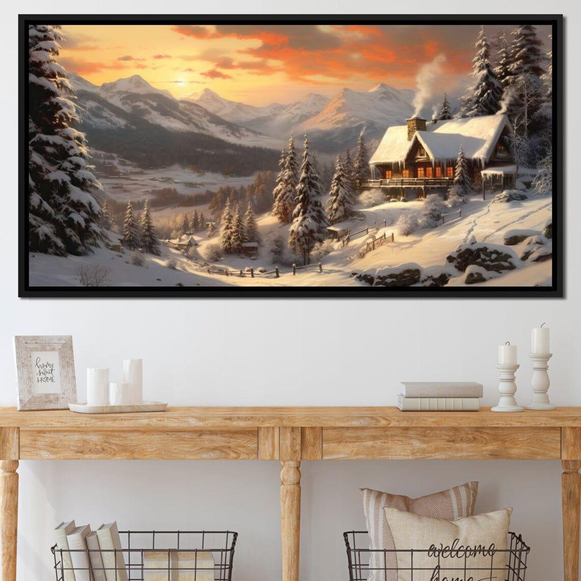 Christmas Cottage Winter Scene, Snowy Cabin Art Print - Image 3