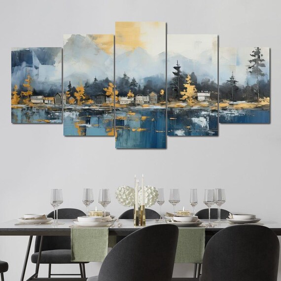Ethereal Forest Abstraction Modern Landscape Art Calm Home Decor Blue And Gold Art Contemporary Wall Art By Nichecanvas
