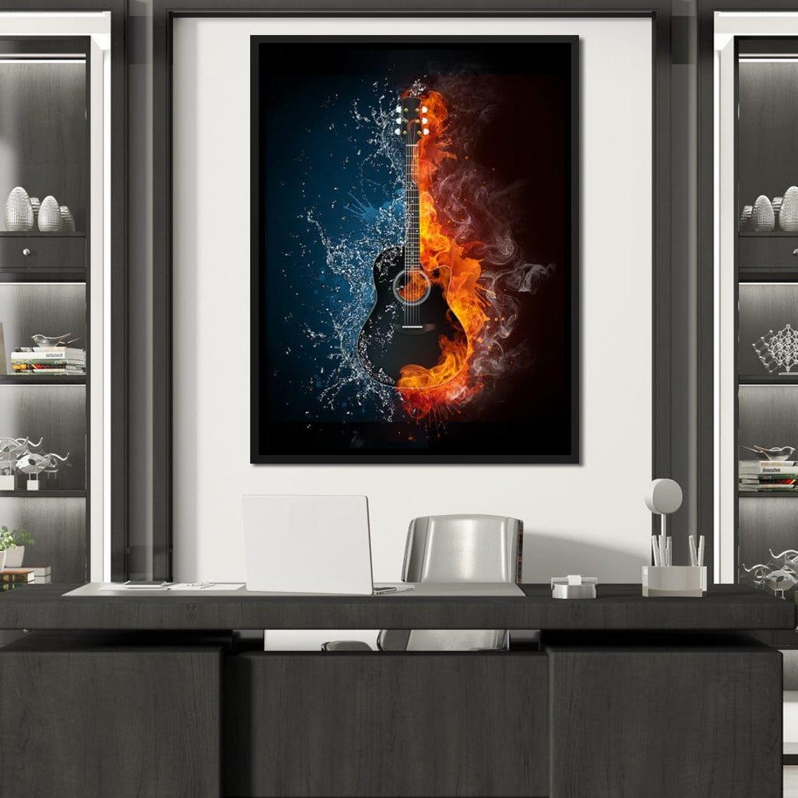Acoustic Guitar Fire And Water Elemental Flames Artwork Music Poster - Image 2
