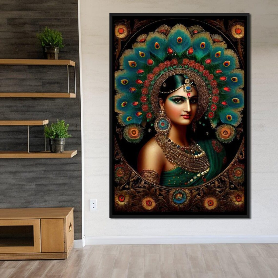 Radha Peacock Feather Headdress Green Sari Gold Jewelry Wall Art Print