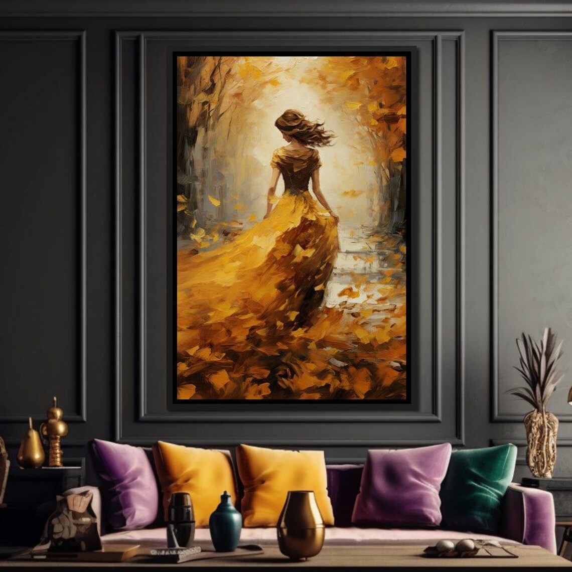 Woman Golden Dress Autumn Forest Falling Leaves Oil Painting Print