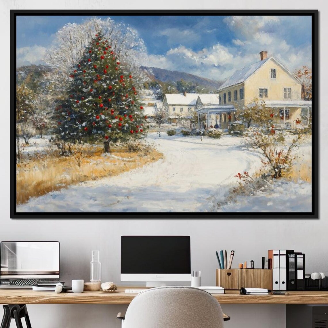 Snowy Christmas Village Big Red Ornament Tree Farmhouse Scene Poster