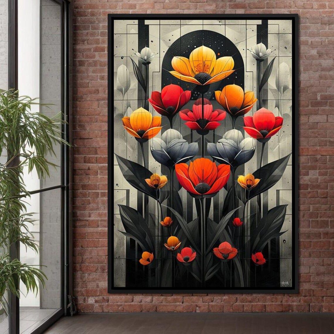 Vibrant Poppies Art Deco Floral Red Orange Gold Dark Wall Art - Image 3