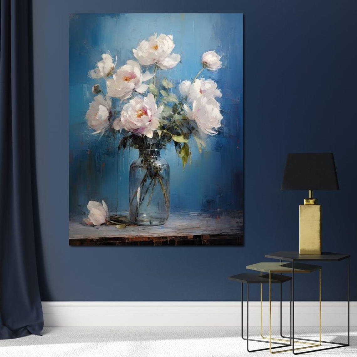 White Peony Bouquet Glass Vase Serene Blue Floral Wall Art Poster - Image 2
