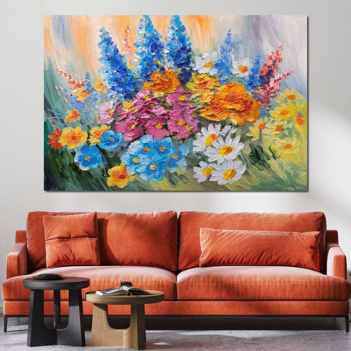Abstract Bouquet Of Spring Flowers Vibrant Floral Wall Art Colorful Oil Painting Print Living Room Decor By Nichecanvas - Image 3