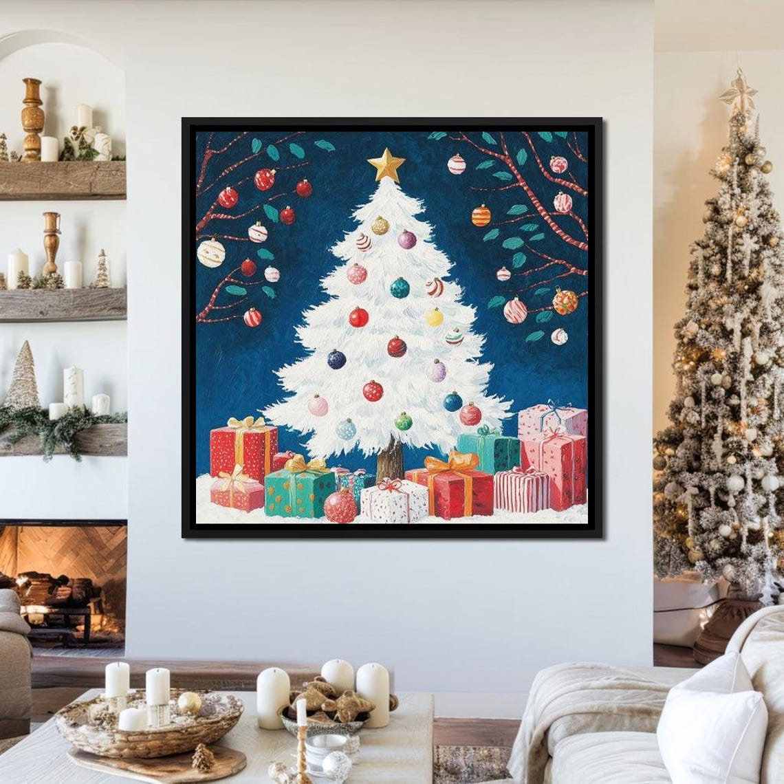 White Christmas Tree With Colorful Ornaments Gifts Holiday Poster - Image 2