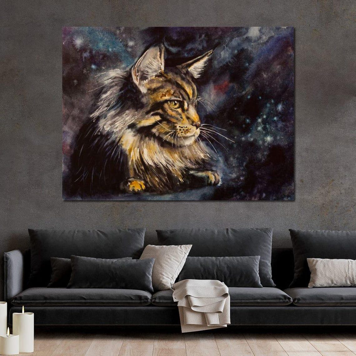 Maine Coon Cat Watercolor Night Sky Celestial Feline Wall Art - Image 3