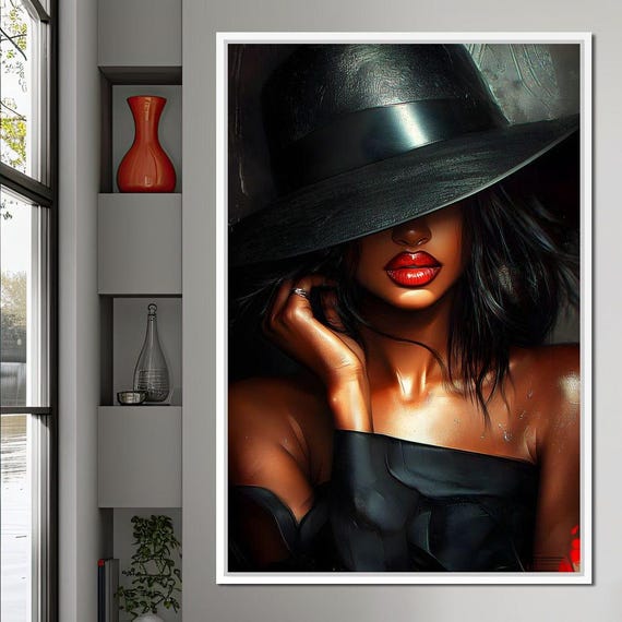 Dark Allure Under The Brim Elegant Home Decor Fashion Wall Art Contemporary Femme Fatale Bold Red Lips By Nichecanvas