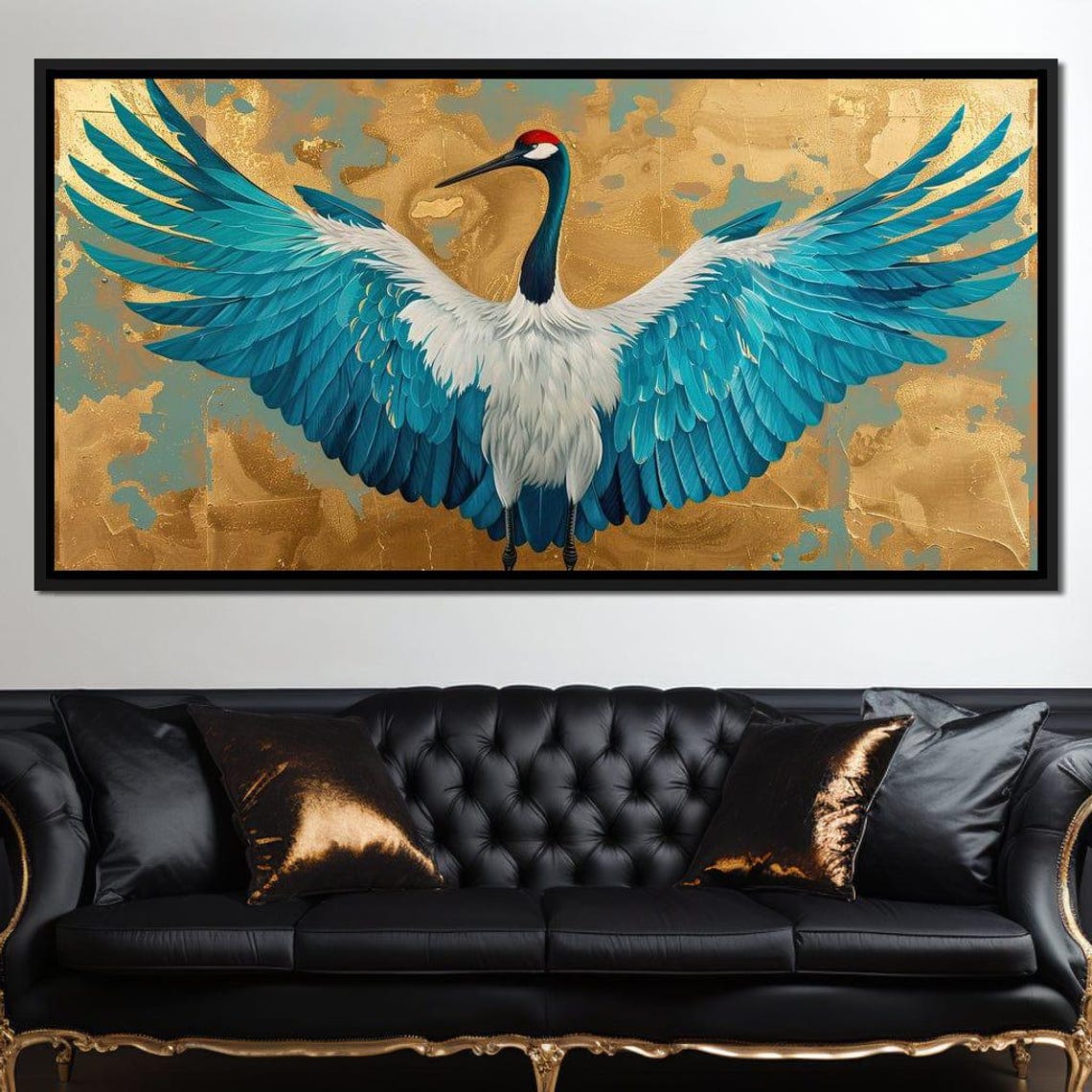 Majestic Crane Turquoise Wings Golden Background Bird Art Poster - Image 4