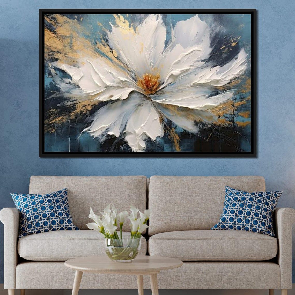 White Magnolia Bloom Gold Accent Navy Five Panel Wall Art Poster - Image 3