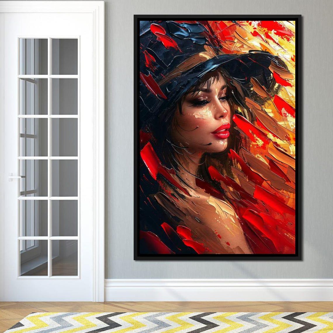 Passion in Red Black Gold Expressive Hat Beauty Portrait Wall Art - Image 4