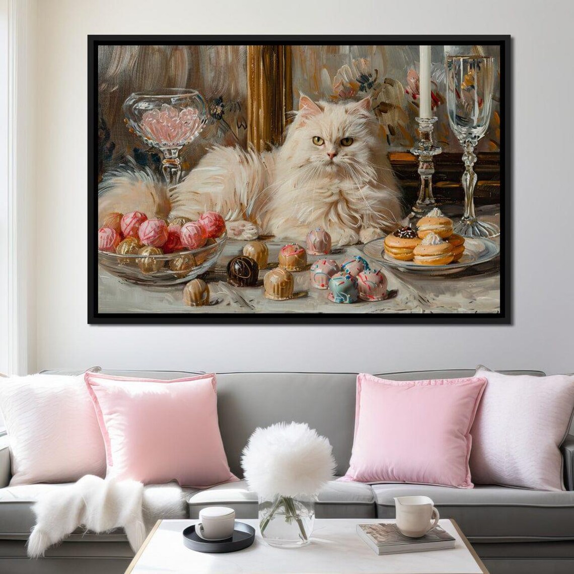 White Fluffy Cat On Dessert Table With Truffles Pastel Still Art Poster - Image 2