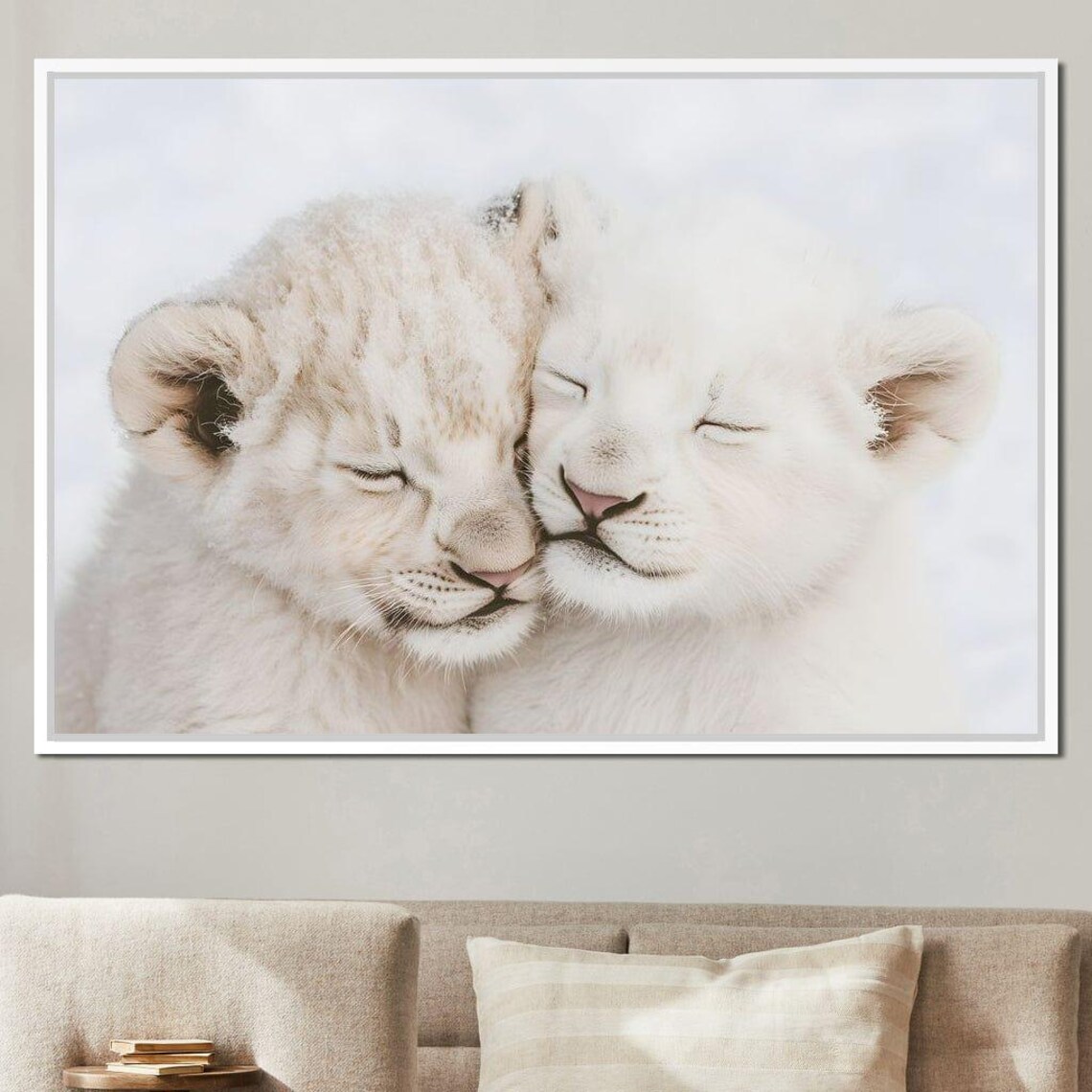 Two White Lion Cubs Cuddling Soft Nursery Wildlife Baby Animals Wall Art Print - Image 4