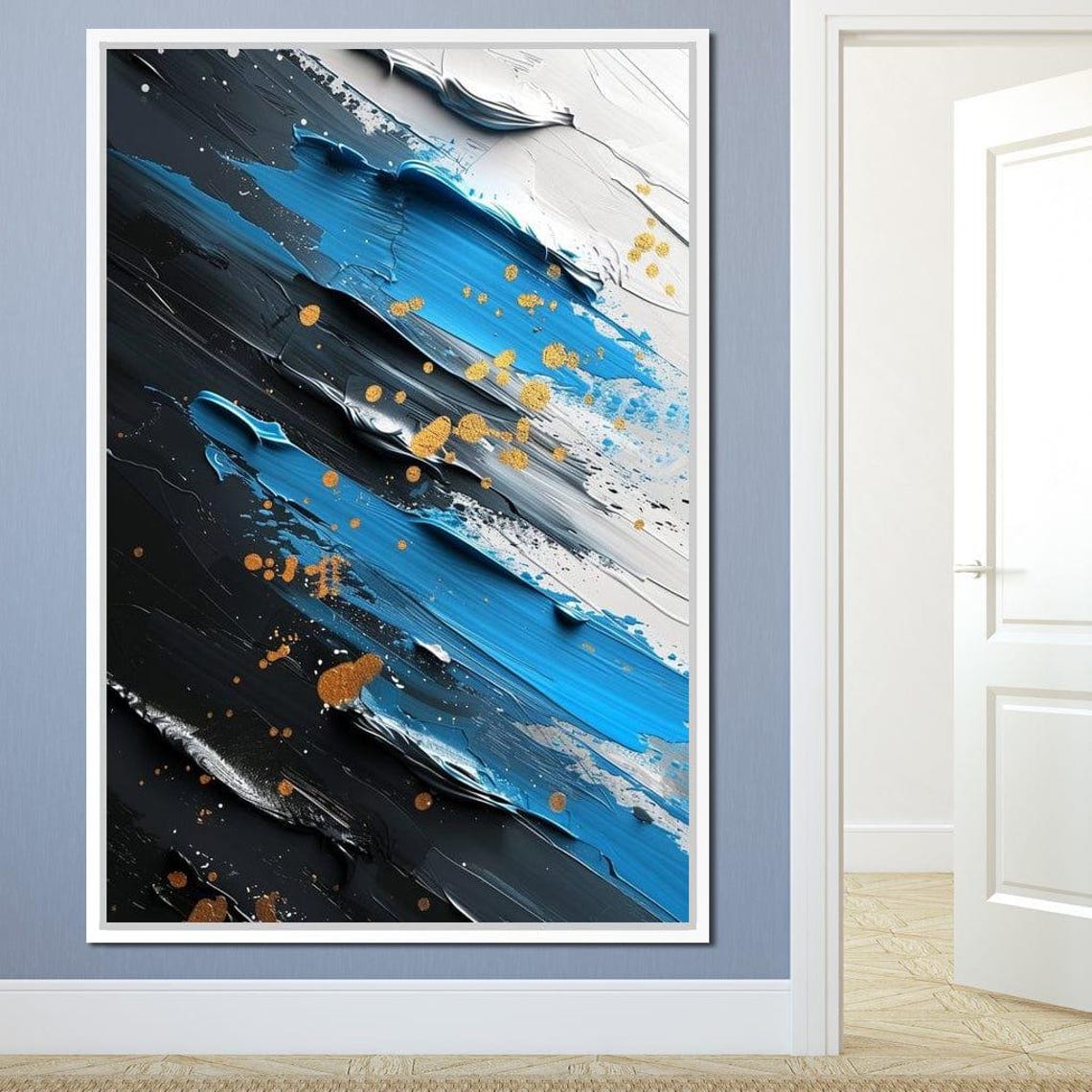 Sapphire Blue Gold Abstract Art Diagonal Brushstroke Dots Wall Poster - Image 4