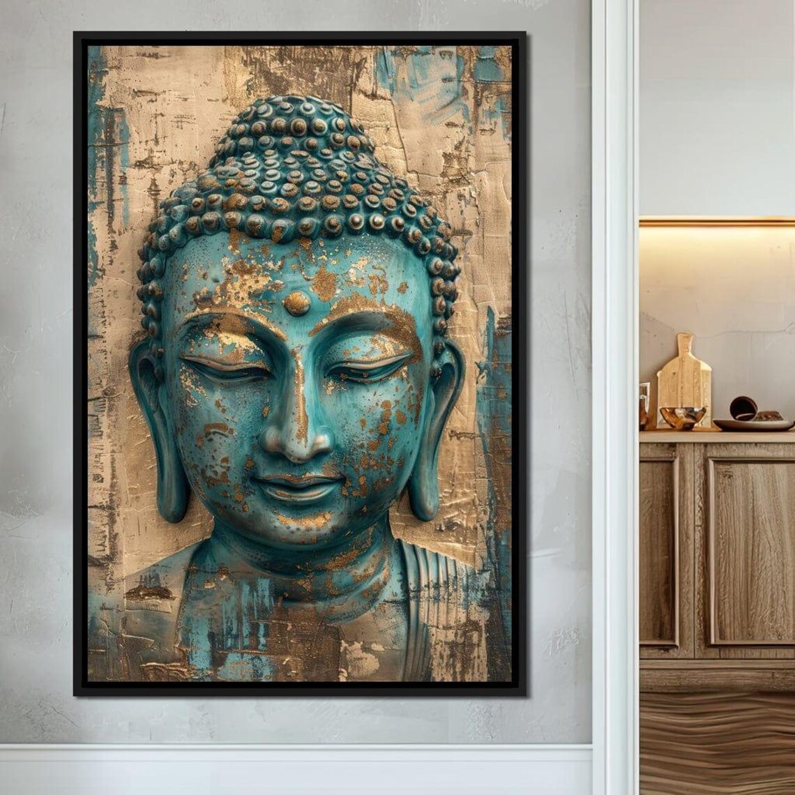 Serene Teal Buddha Face Gold Accents Zen Spiritual Wall Art Poster - Image 3