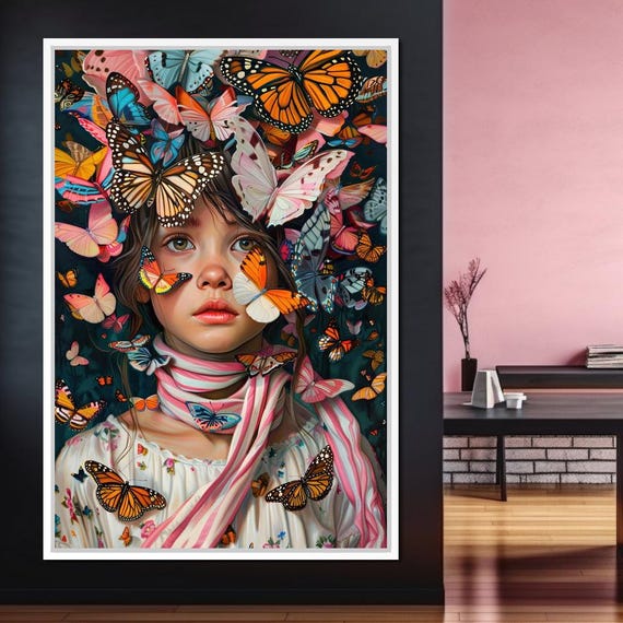 Butterfly Dreamer Portrait Blossoms Butterfly Girl Art Colorful Home Decor Floral Wall Art Whimsical Decor By Nichecanvas