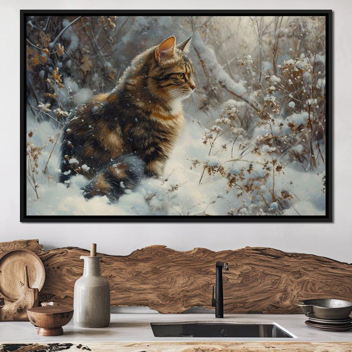 Tabby Cat In Snow Winter Wildlife Painting Serene Cat Lovers Art Print
