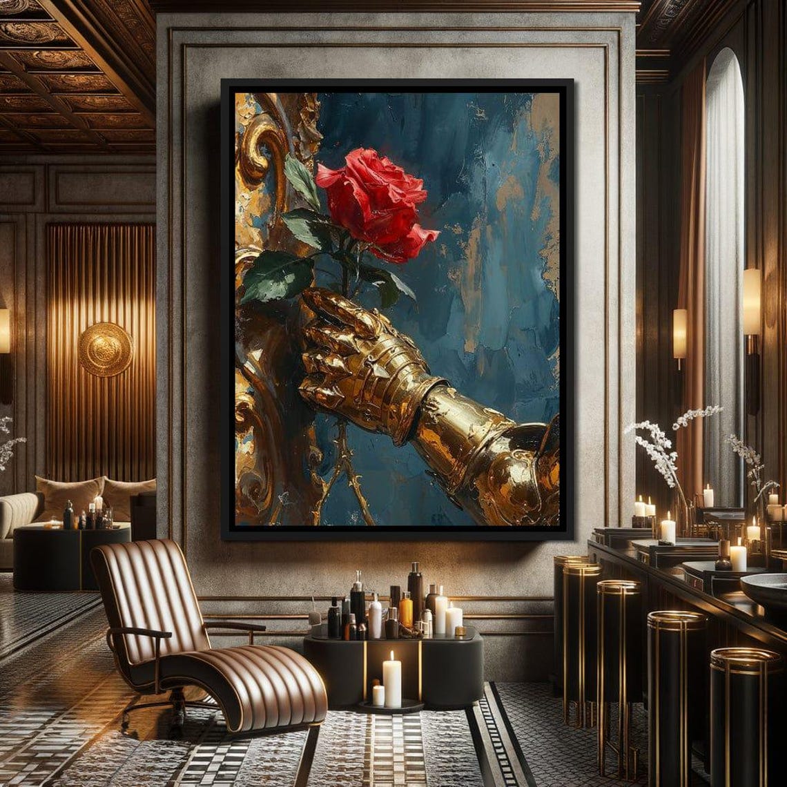 Golden Knight Gauntlet Holding Red Rose Fantasy Romantic Poster
