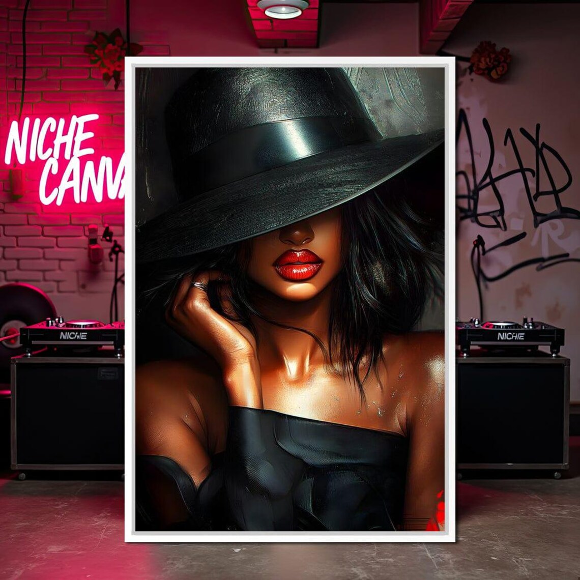 Elegant Woman in Black Hat Red Lips Glamour Fashion Portrait Wall Poster - Image 2