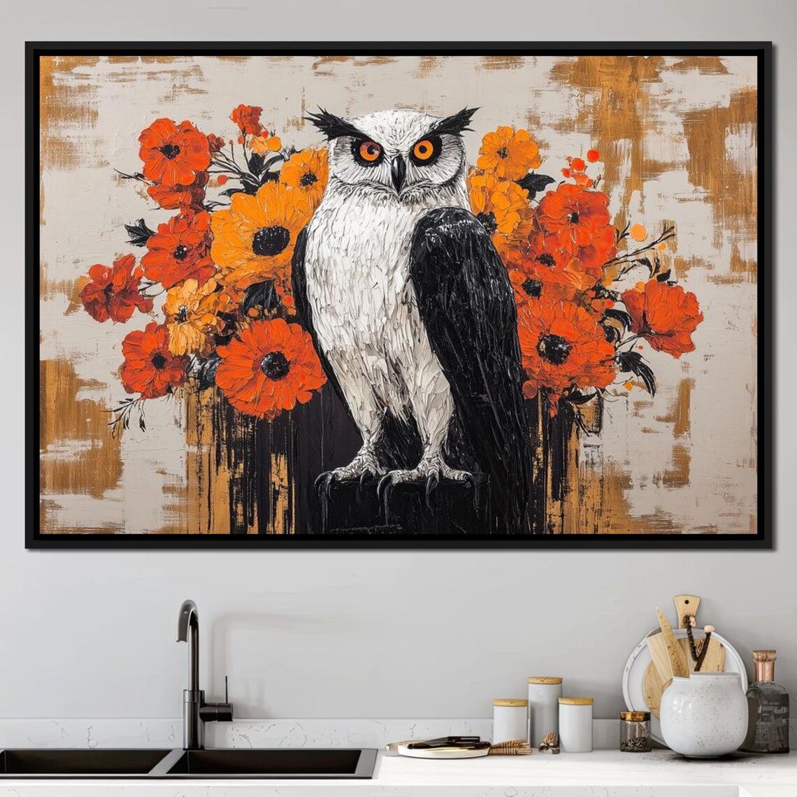 White Owl Amidst Fiery Orange Poppies Wildflower Wildlife Art Print - Image 4