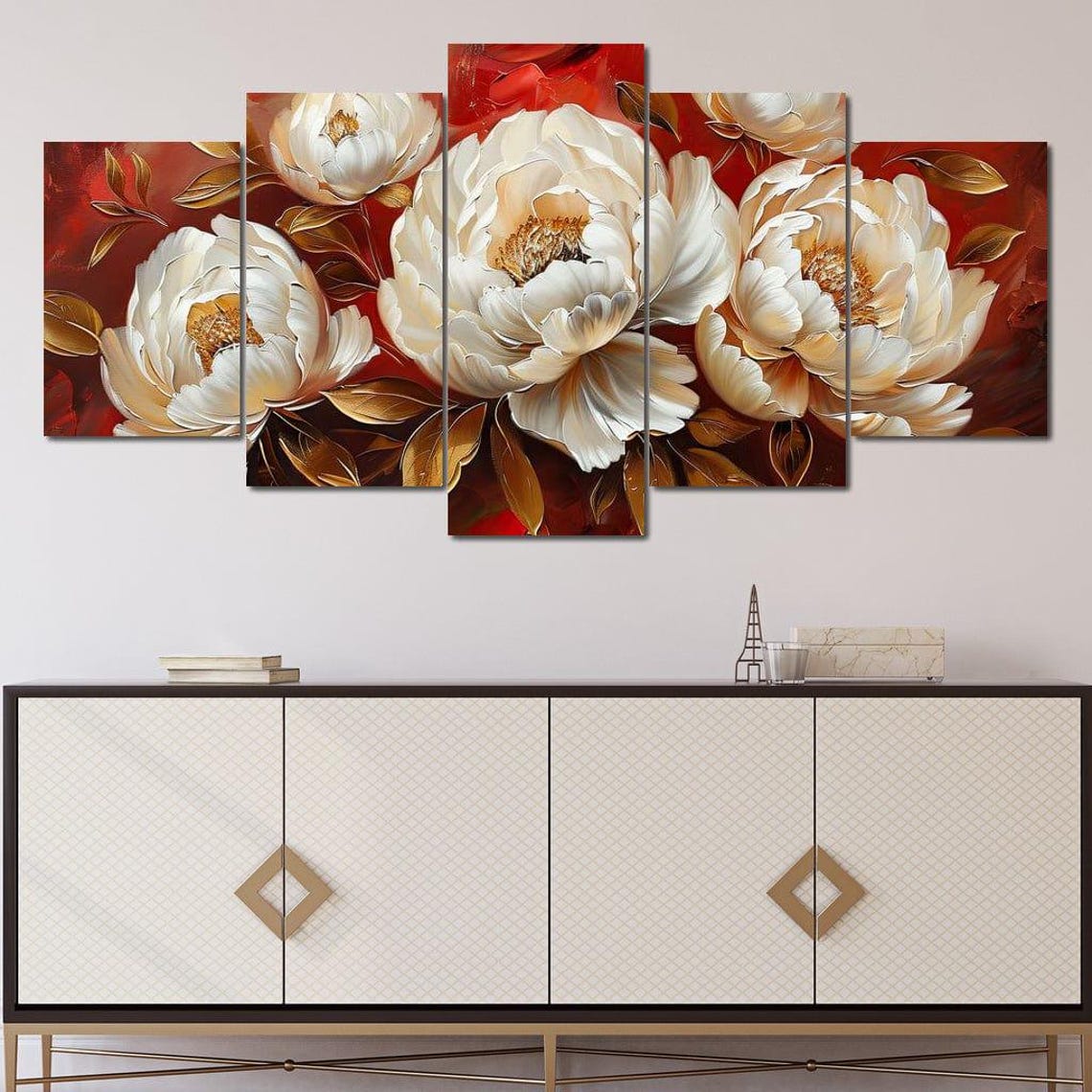 White Peonies Golden Leaves Rich Red Botanical Wall Art Poster - Image 4