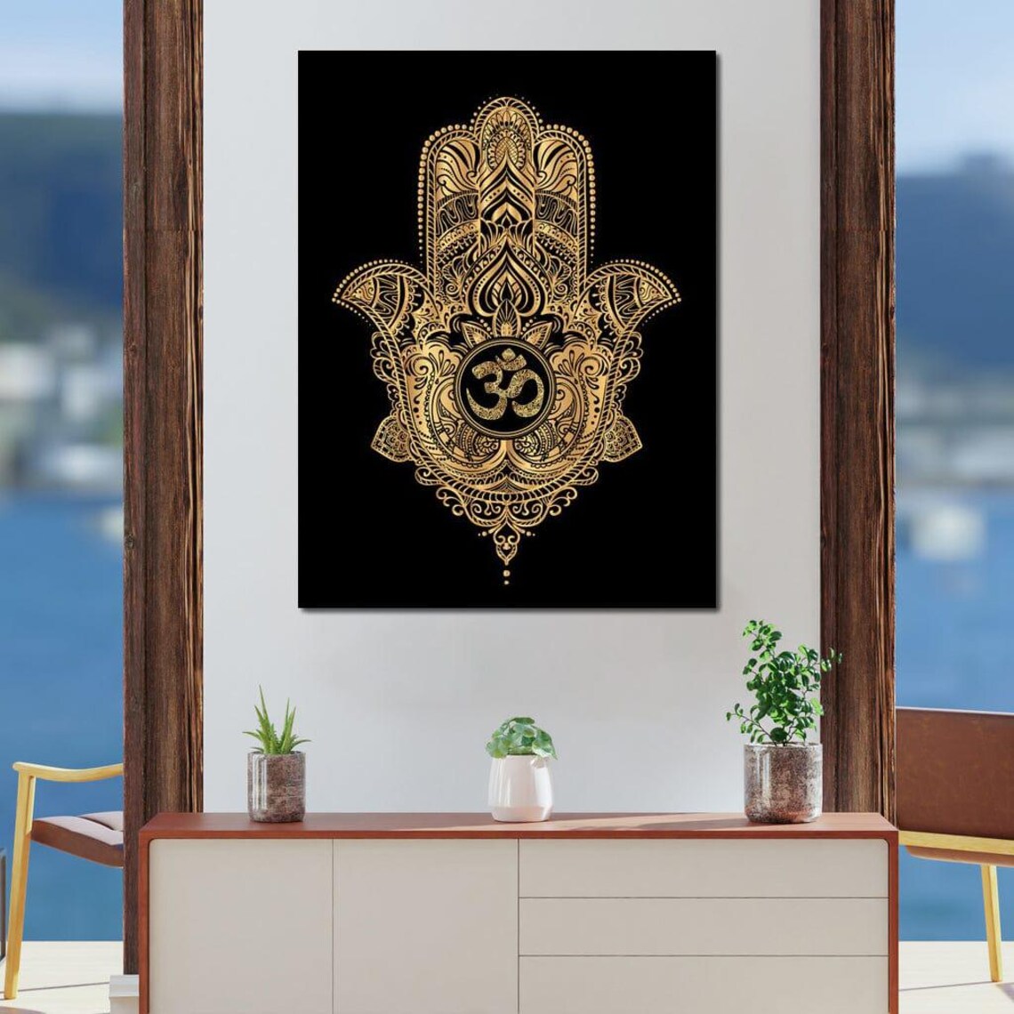Golden Hamsa Hand Om Symbol Spiritual Black Background Wall Poster - Image 4