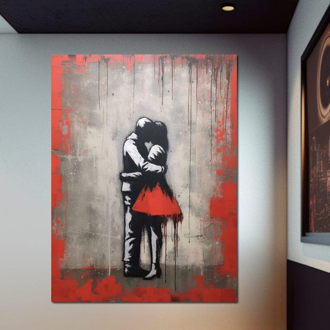 Urban Couple Embrace Stencil Street Art Red Gray Love Wall Poster - Image 4