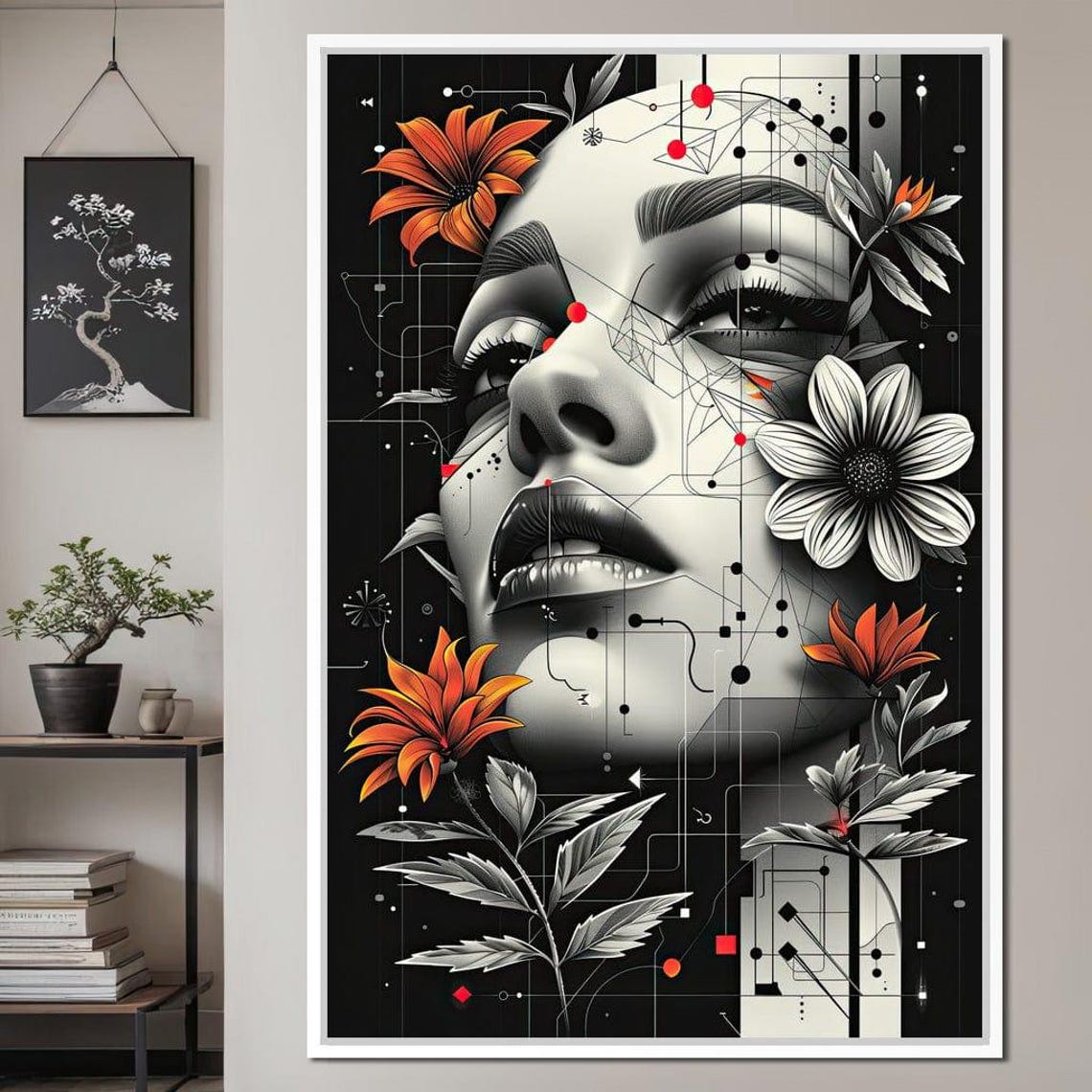 Futuristic Woman Portrait Orange Floral Geometric Black Wall Art