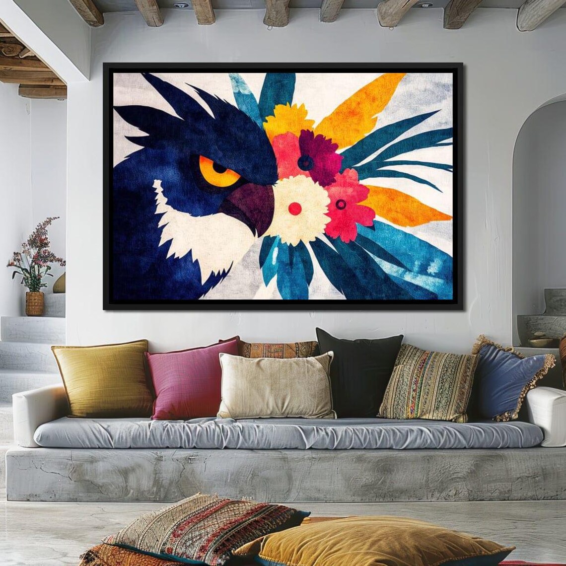 Blue Black Eagle Owl Portrait Vibrant Tropical Floral Abstract Poster - Image 2