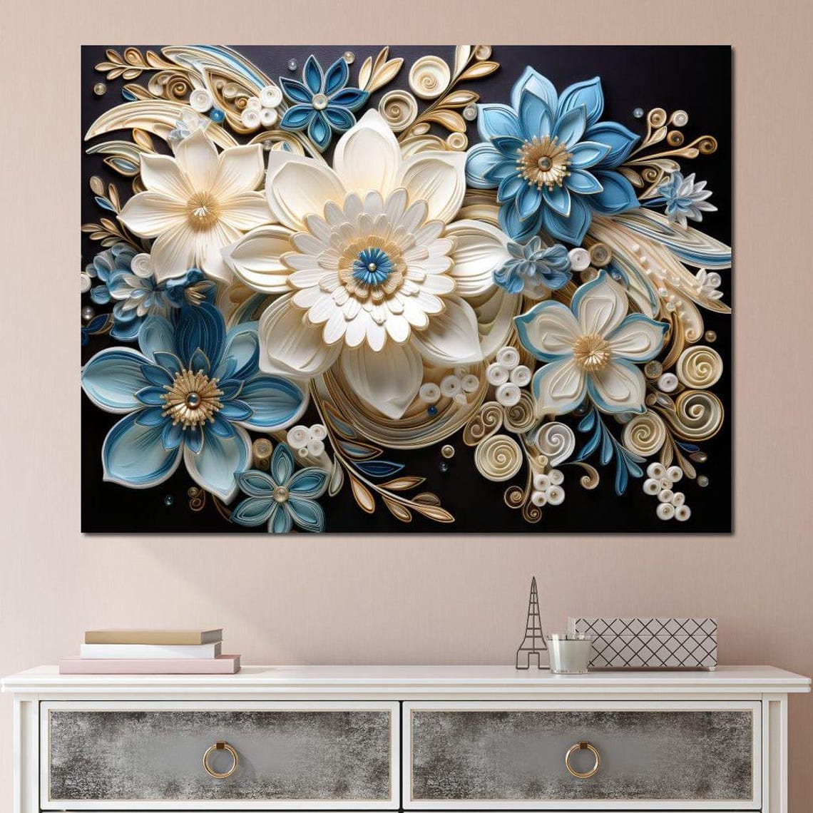 Paper Quilling White Blue Gold Floral 3D Art On Black Wall Print - Image 4