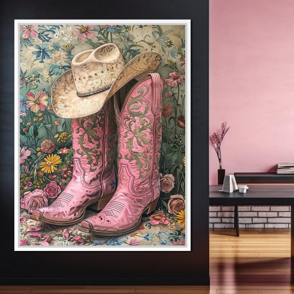Pink Floral Cowboy Boots Hat Western Country Girl Rustic Chic Wall Art