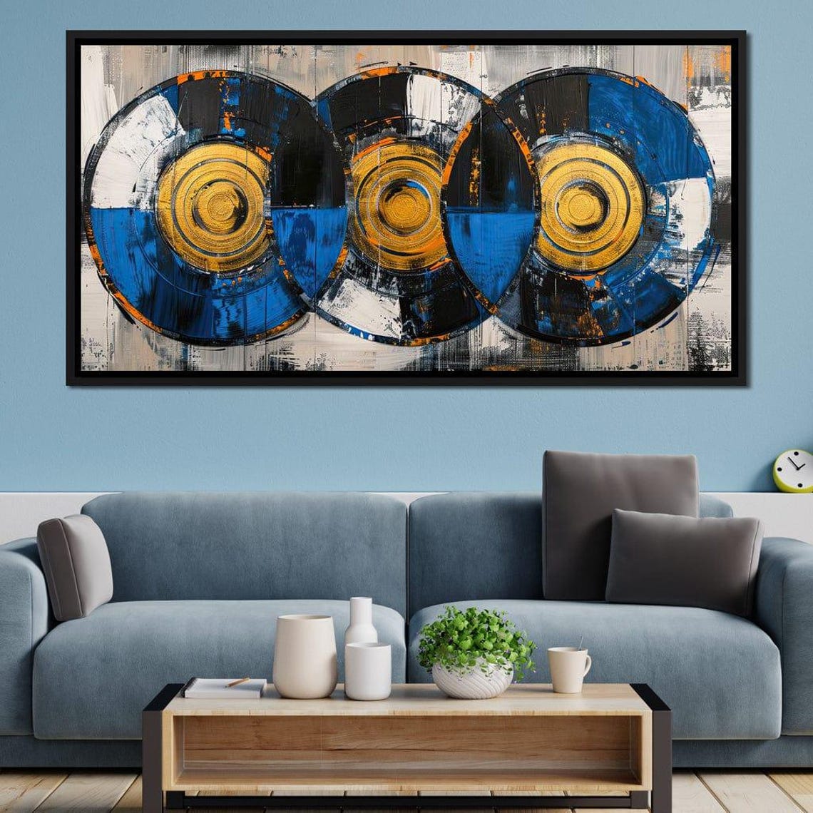 Blue Gold Circle Trio Abstract Art Overlapping Orbits Bold Wall Poster - Image 3