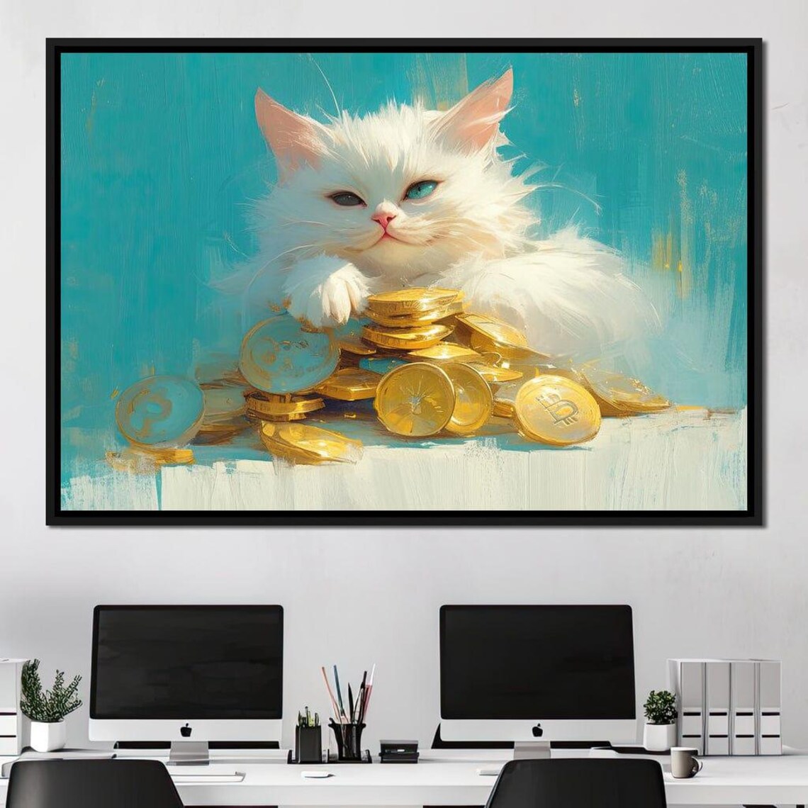 White Lucky Cat Gold Coins Turquoise Background Cute Fortune Kitty Art Poster - Image 4