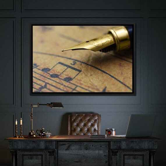 Golden Fountain Pen Nib over Vintage Sheet Music Elegant Office Art Poster